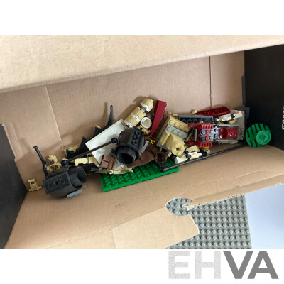 Collection of Vintage Lego Pieces Including Figures, Animals, Base Plates