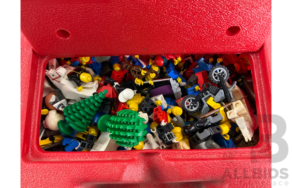 Collection of Vintage Lego Pieces Including Figures, Animals, Base Plates