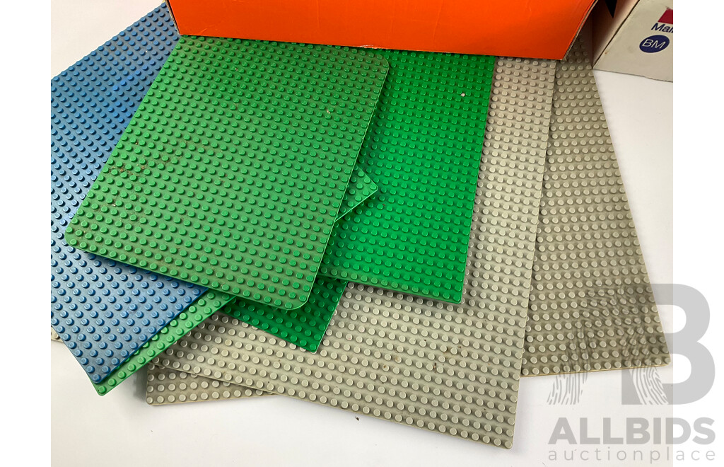 Collection of Vintage Lego Pieces Including Figures, Animals, Base Plates