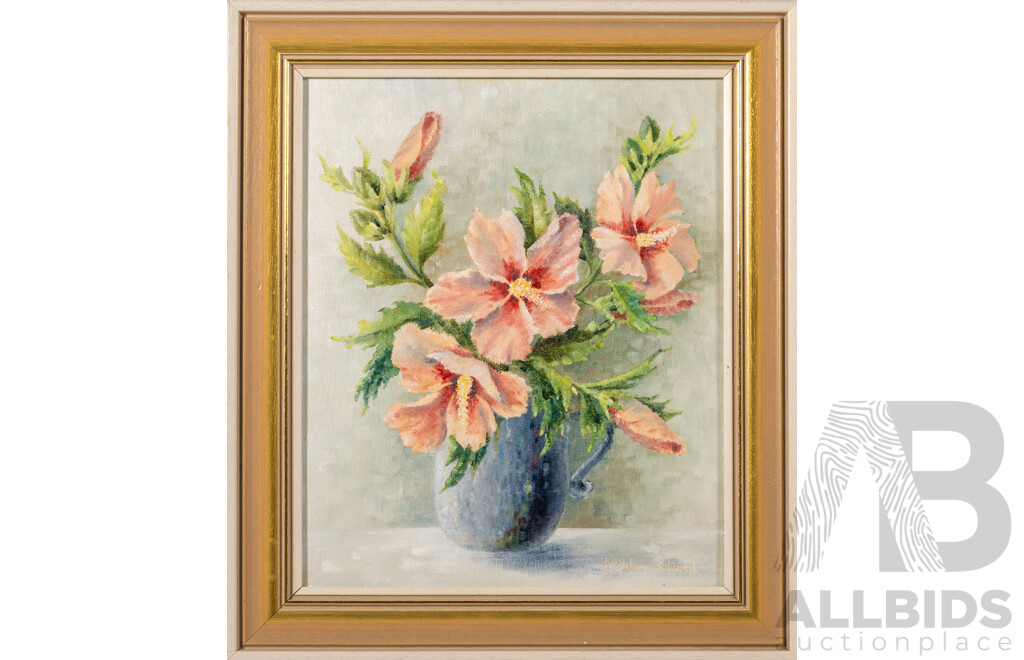 Kathleen Ailwood, (20th Century), Hibiscus Syriacus (in Pewter Mug), Original Oil on Canvas Board, 38 x 33 cm (frame)