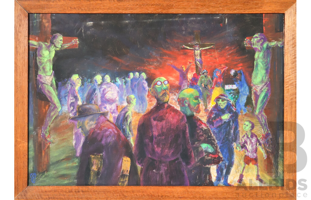 Richard King Farmer, (20th Century, Australian, 1930-2025), Crucifixion Bar, (1954), Interesting Original Vintage Oil on Masonite, 43 x 60 cm (frame)