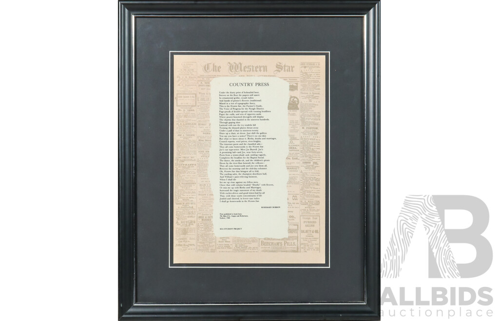 Rosemary Dobson (20th Century, Australian, 1920-2012), Country Press, Original Mixed Media with Poem, 45 x 37 cm (frame)