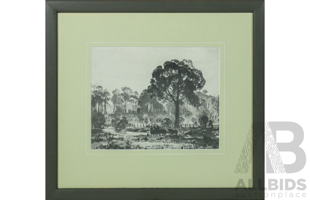 Sir Hans Heysen, (German Born Australian, 1877-1968), Landscape, Reproduction B & W Print After Original, 37 x 40 cm (frame)