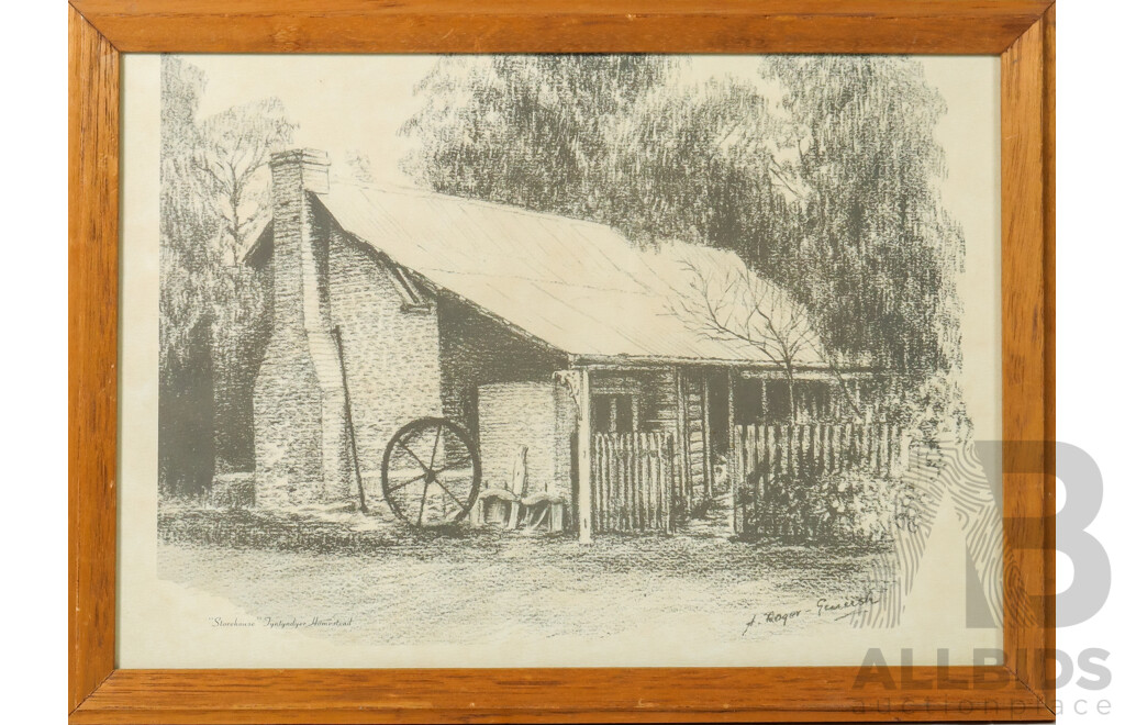 Arno Roger-Genersh Europe, Australia, (20th Century, French-Born Australian, 1929-2013), Storehouse Tyntyndyer Homestead, Vintage Reproduction Print of Original Charcoal Sketch, 33 x 46 cm (frame)
