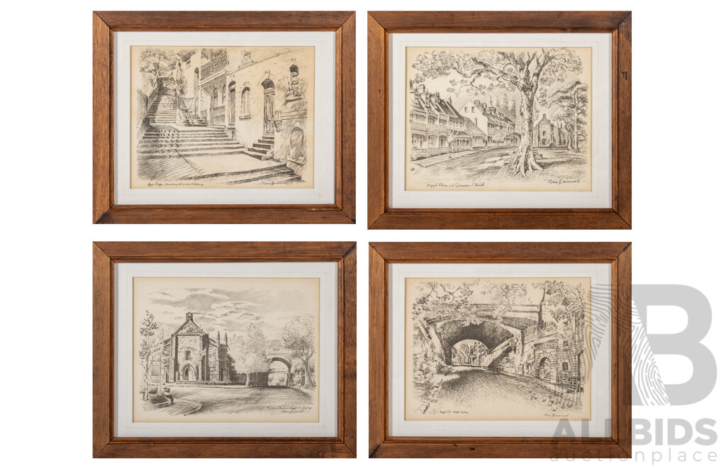 Cedric Emanuel, (20th Century, New Zealand-Born Australian, 1906-1995), Set of Four Reproduction Prints After Original Sketches Featuring Sydney Landmarks, 24 x 49 cm (frames) (4)