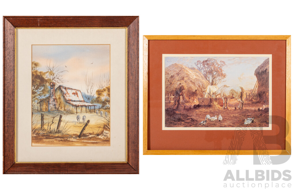 Sue Bailey (20th Century), Lone Cottage, Original Vintage Watercolour, 35 x 30 cm (frame) & Artist Unknown, (20th Century), Farmyard, Colour Vintage Reproduction Print, 27 x 34 cm (frame) (2)