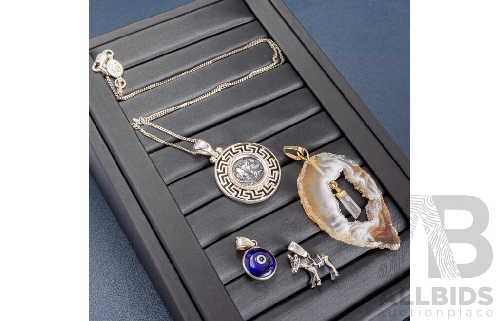 Sterling Silver Greek Coin Pendant with Athena, Donkey & Evil Eye Charms, 11.20 Grams & Geode Pendant