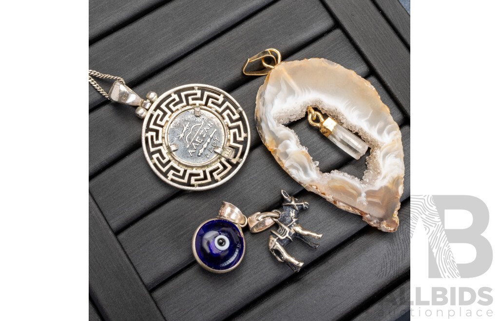 Sterling Silver Greek Coin Pendant with Athena, Donkey & Evil Eye Charms, 11.20 Grams & Geode Pendant
