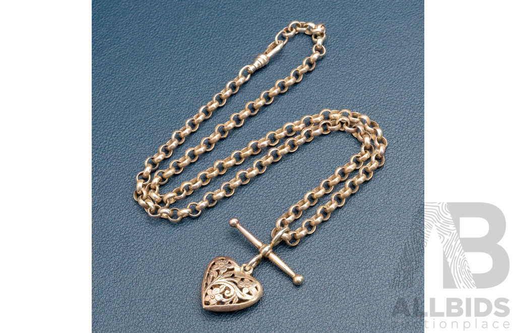 Vintage Sterling Silver Belcher Link Necklace with T-Bar Fob Pendant with Filigree Heart, 45cm, 21.35 Grams