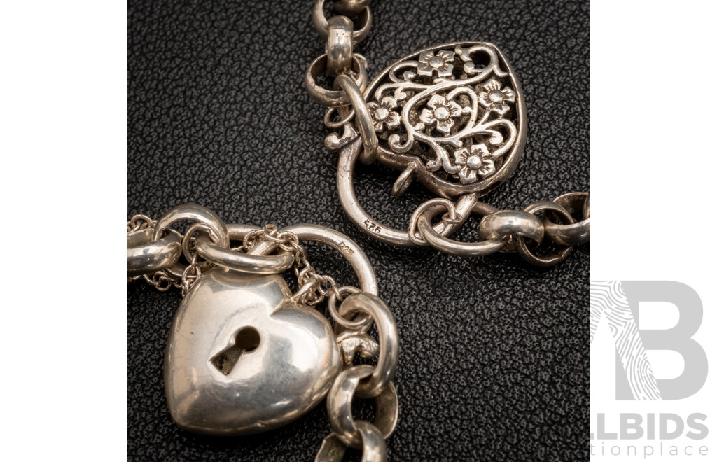 Vintage (2) Sterling Silver Belcher Link Heart Padlock Clasp Bracelets, 30.68 Grams