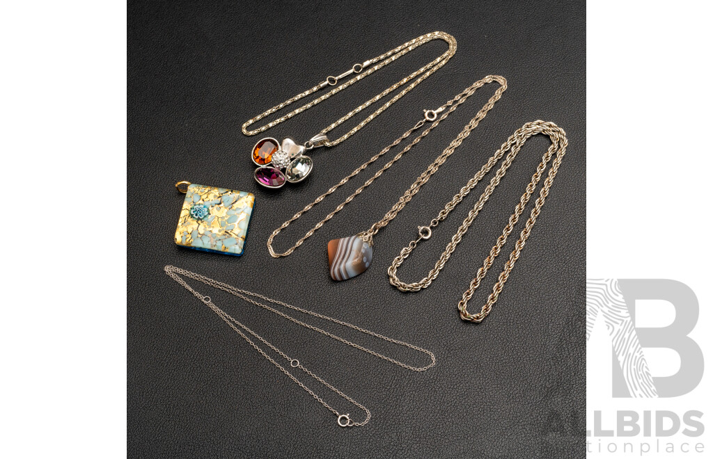 Collection of Pendants Including Murano Glass & Banded Agate, with Silver Tone & Sterling Silver Chains