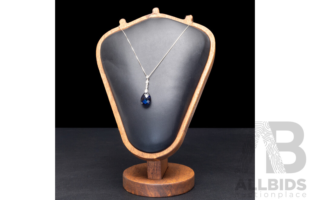 9ct White Gold Sapphire & Diamond Drop Necklace, 45cm, 4.16 Grams