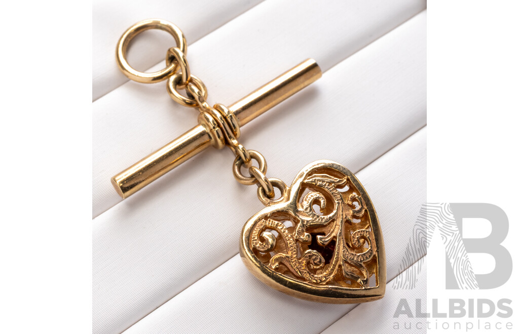 9ct Vintage Garnet Filigree Heart Drop Fob Pendant, 50mm, 8.52 Grams