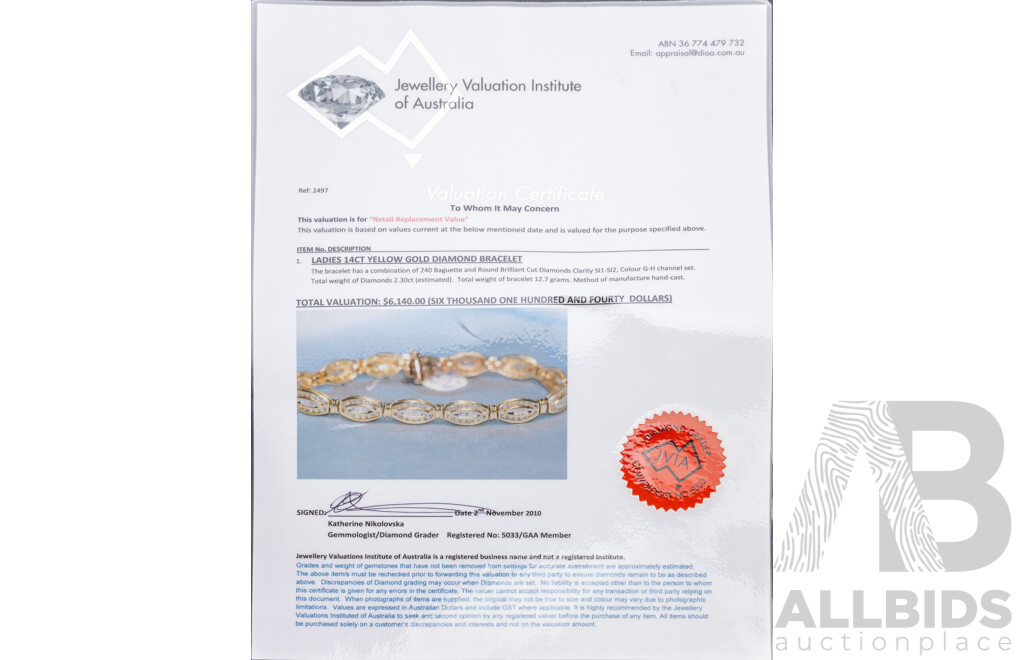 14ct Yellow Gold Diamond Set Bracelet, TDW 2.30ct, 18cm, 13.27 Grams