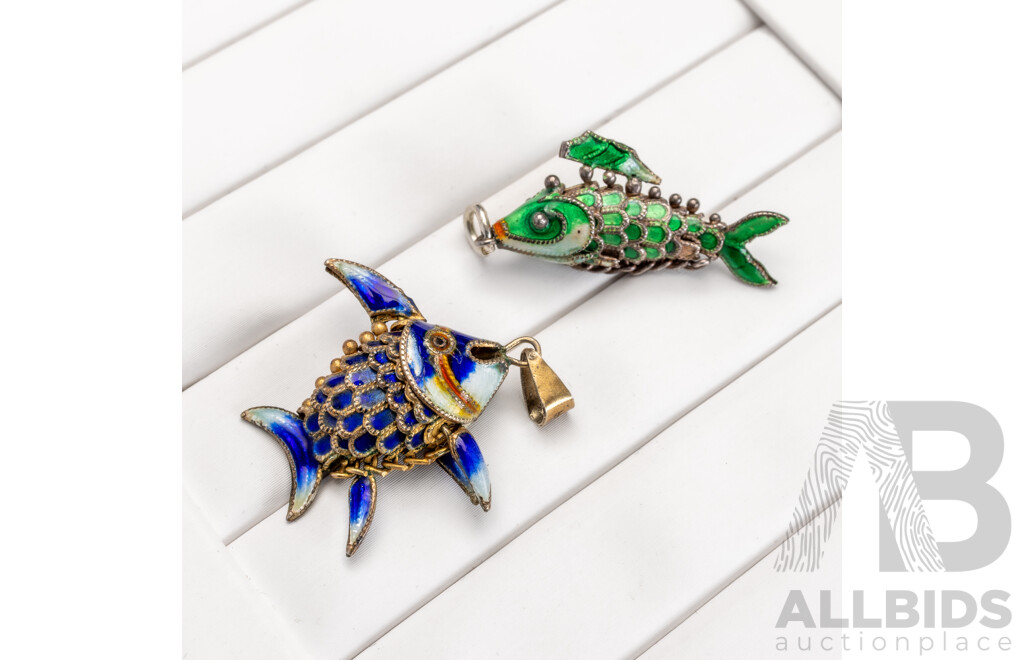 Vintage Chinese Sterling Silver Enamel (2) Fish Charm/pendants, Articulated, 4.90 Grams