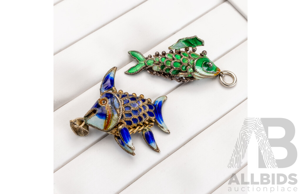 Vintage Chinese Sterling Silver Enamel (2) Fish Charm/pendants, Articulated, 4.90 Grams