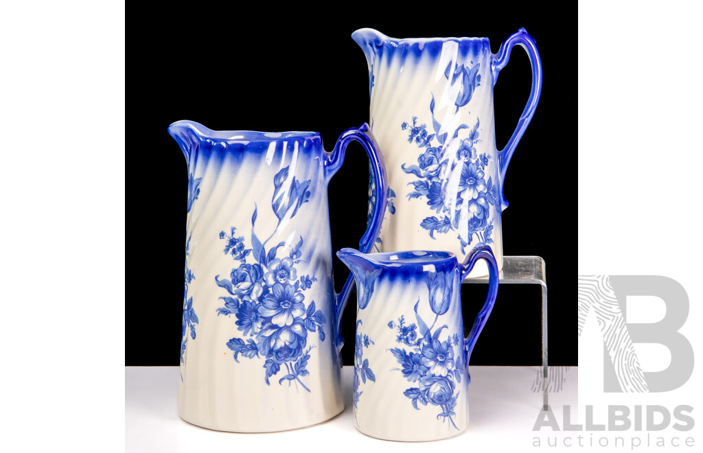 Trio of Blue and White English Transferware Ceramic Pitcher Jugs