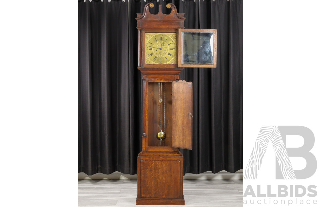 George III 30 Hour Long Case Clock with Brass Dial in Oak Case by John Houghton, Circa 1790
