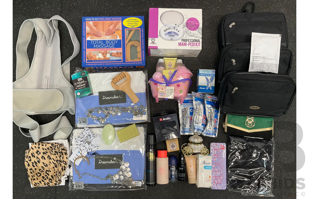 Assorted Useful Items, Including Cosmetic Bags, Massage Tools, Cosmetics and Others