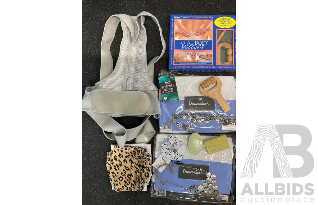 Assorted Useful Items, Including Cosmetic Bags, Massage Tools, Cosmetics and Others