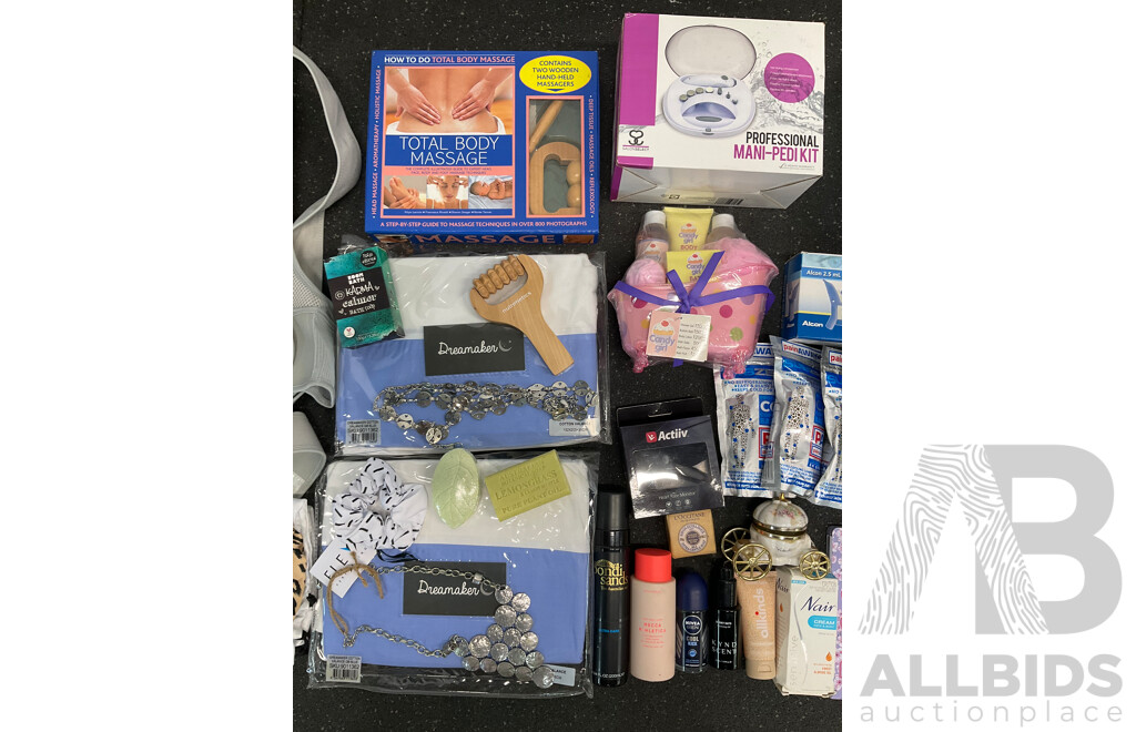 Assorted Useful Items, Including Cosmetic Bags, Massage Tools, Cosmetics and Others