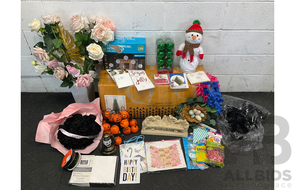 Assorted Christmas - Including David Jones Tree, Halloween, Birthday Decorations and Artificial Flowers