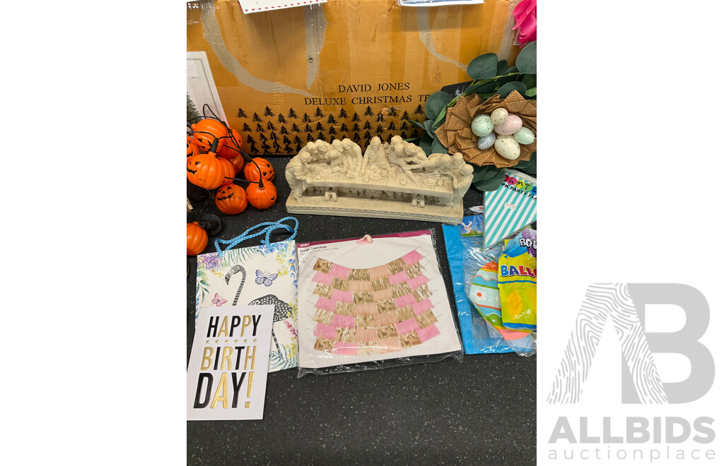 Assorted Christmas - Including David Jones Tree, Halloween, Birthday Decorations and Artificial Flowers
