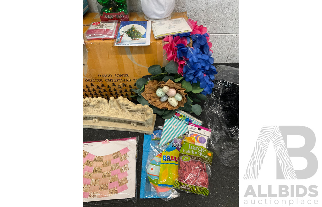 Assorted Christmas - Including David Jones Tree, Halloween, Birthday Decorations and Artificial Flowers