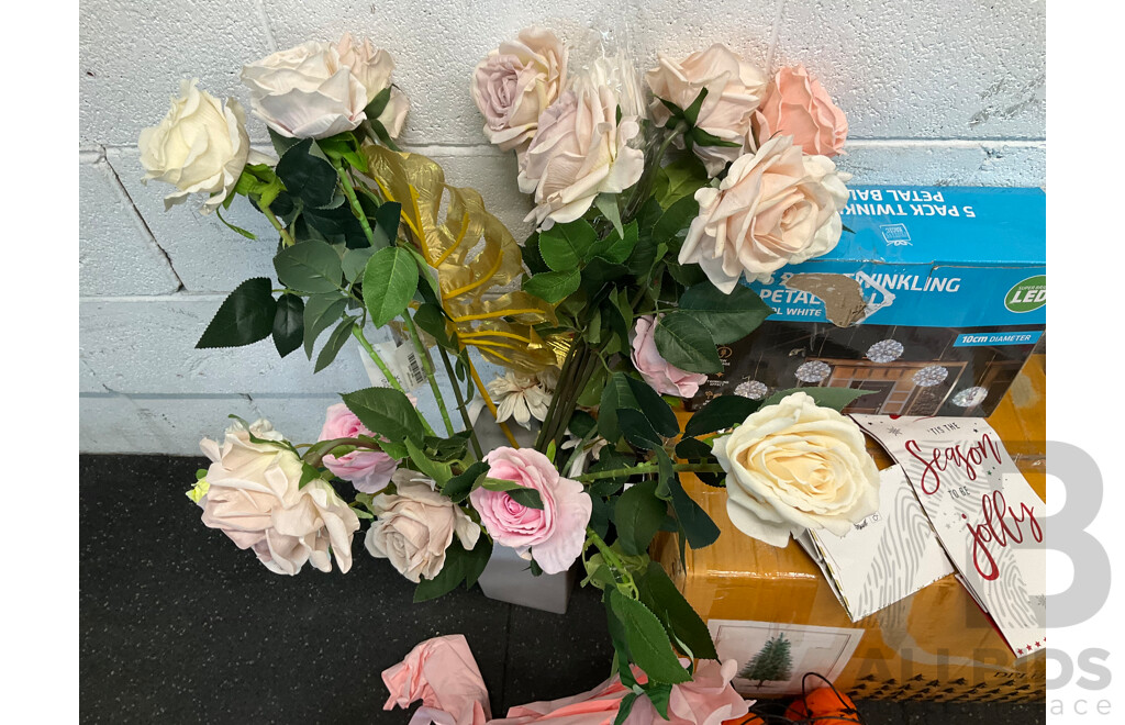 Assorted Christmas - Including David Jones Tree, Halloween, Birthday Decorations and Artificial Flowers