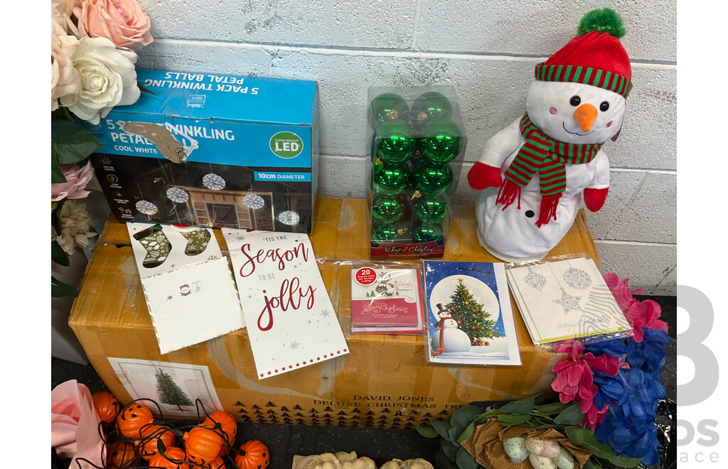 Assorted Christmas - Including David Jones Tree, Halloween, Birthday Decorations and Artificial Flowers