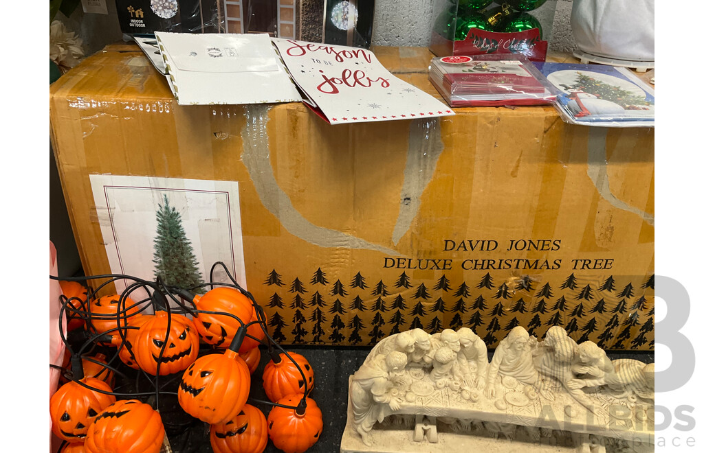 Assorted Christmas - Including David Jones Tree, Halloween, Birthday Decorations and Artificial Flowers