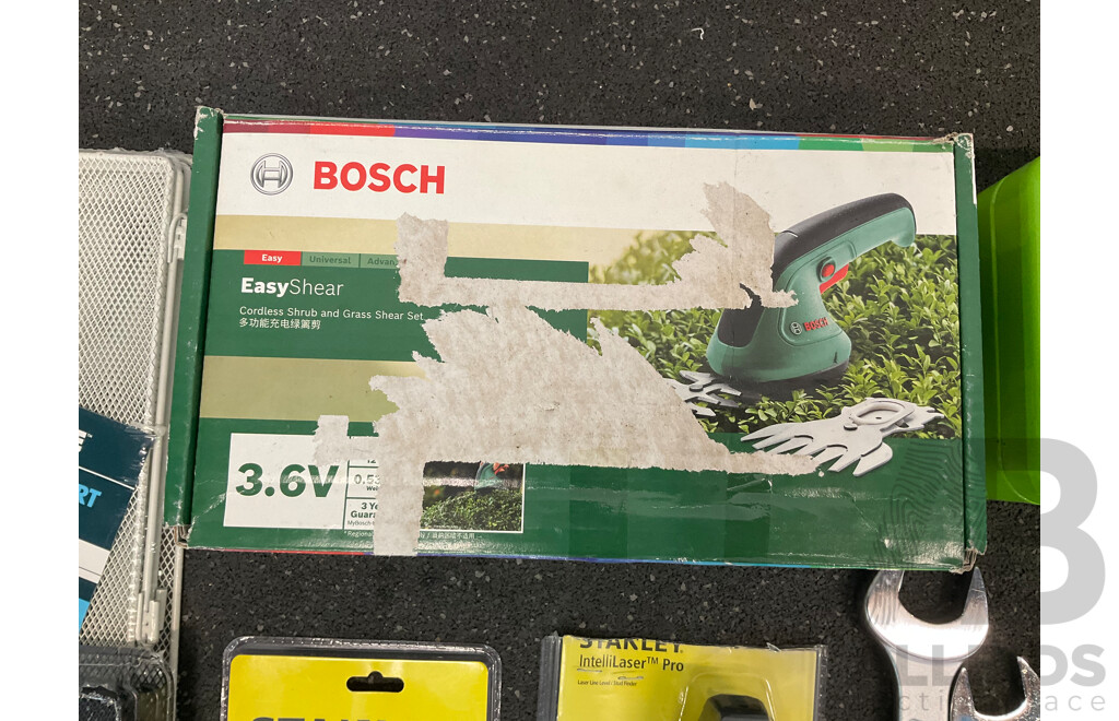 Assorted Tools and Storage Solution, Including BOSH Easy Shear, STANLEY and More