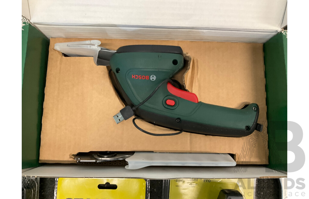 Assorted Tools and Storage Solution, Including BOSH Easy Shear, STANLEY and More