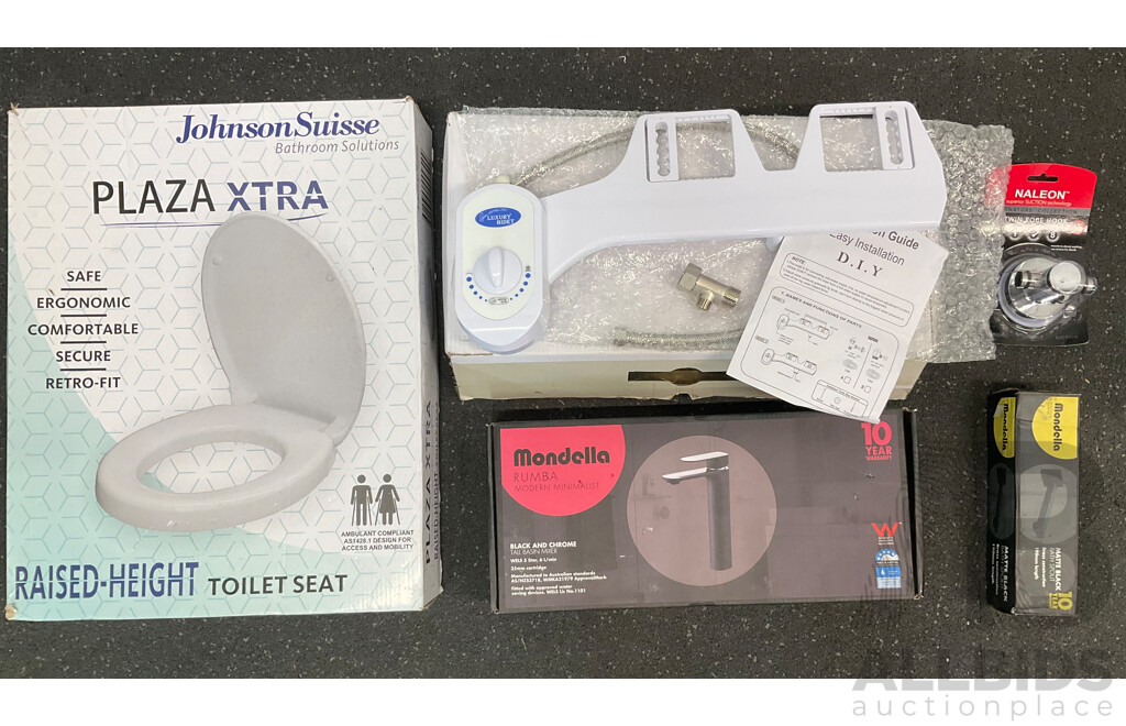 Assorted Bathroom Fittings, Including MONDELLA Black Mixers, JOHNSON SUISSE Toilet Seat and More