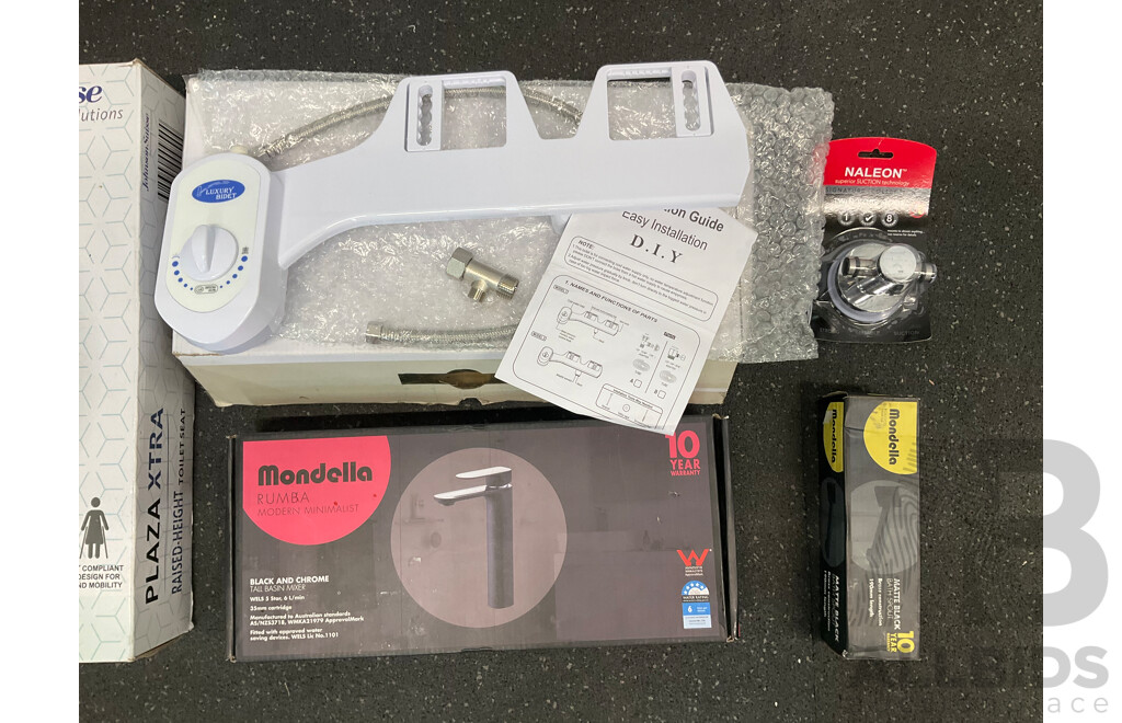 Assorted Bathroom Fittings, Including MONDELLA Black Mixers, JOHNSON SUISSE Toilet Seat and More