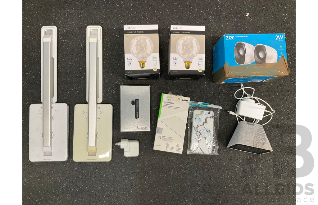 Assorted Usefull Gadgets, Including BELKIN Glass Protector, SIMPLECOM Led Desk Lamp, Led Fairy Light Globe, LENOVO Clock, LOGITECH Speakers and More