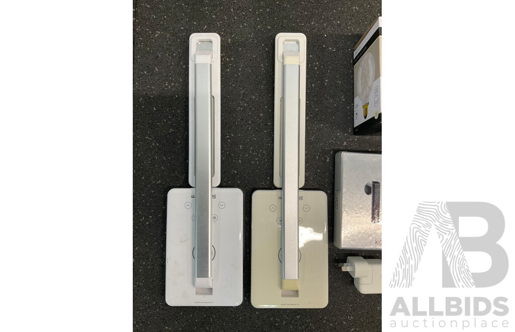 Assorted Usefull Gadgets, Including BELKIN Glass Protector, SIMPLECOM Led Desk Lamp, Led Fairy Light Globe, LENOVO Clock, LOGITECH Speakers and More