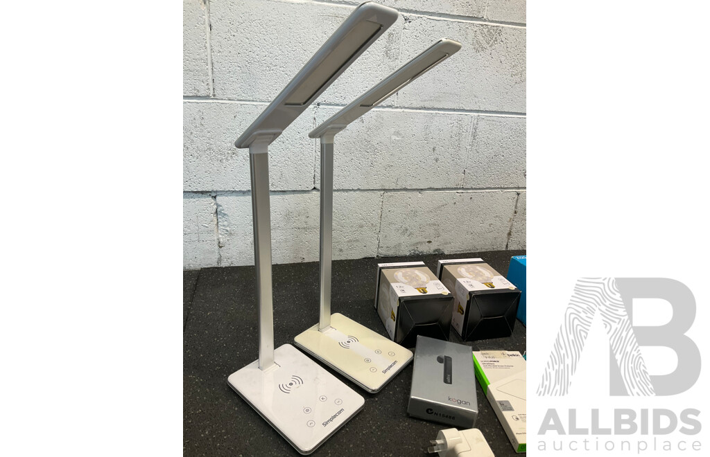 Assorted Usefull Gadgets, Including BELKIN Glass Protector, SIMPLECOM Led Desk Lamp, Led Fairy Light Globe, LENOVO Clock, LOGITECH Speakers and More