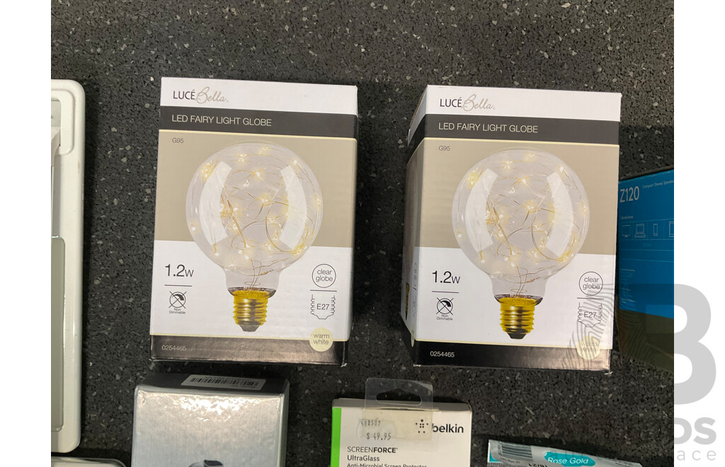 Assorted Usefull Gadgets, Including BELKIN Glass Protector, SIMPLECOM Led Desk Lamp, Led Fairy Light Globe, LENOVO Clock, LOGITECH Speakers and More