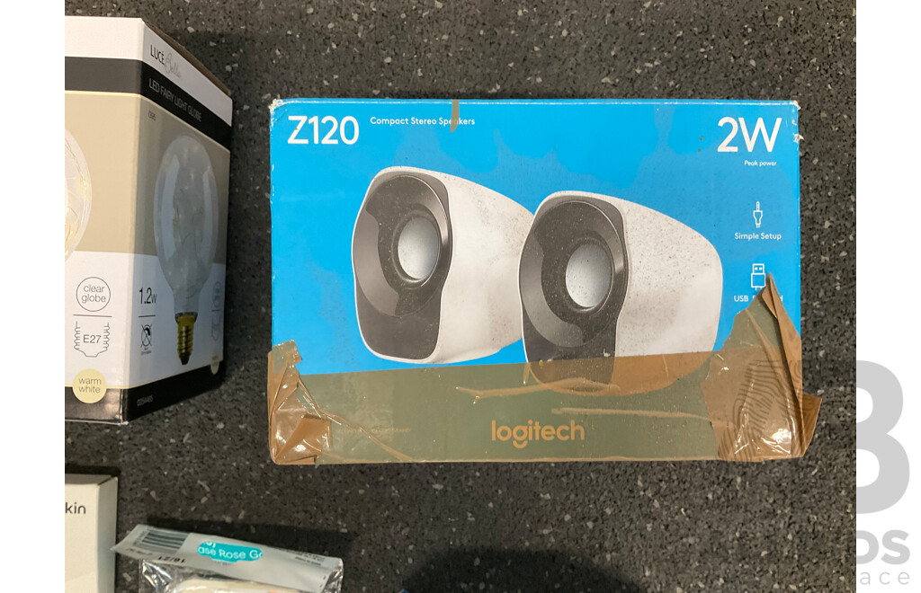 Assorted Usefull Gadgets, Including BELKIN Glass Protector, SIMPLECOM Led Desk Lamp, Led Fairy Light Globe, LENOVO Clock, LOGITECH Speakers and More