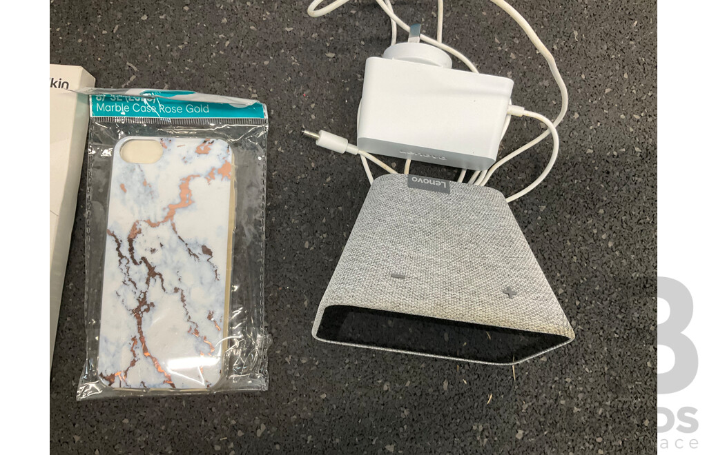 Assorted Usefull Gadgets, Including BELKIN Glass Protector, SIMPLECOM Led Desk Lamp, Led Fairy Light Globe, LENOVO Clock, LOGITECH Speakers and More