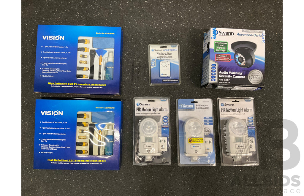 SWANN Security Camera, PIR Motion Light Alarms and Door Magnetic Alarm, VISION Cleaning Kit - Lot of 7