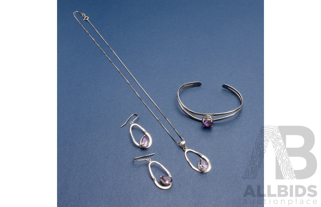 925 Sterling Silver Bangle, Necklace and Earrings Purple Amethyst Set - 18.4gms