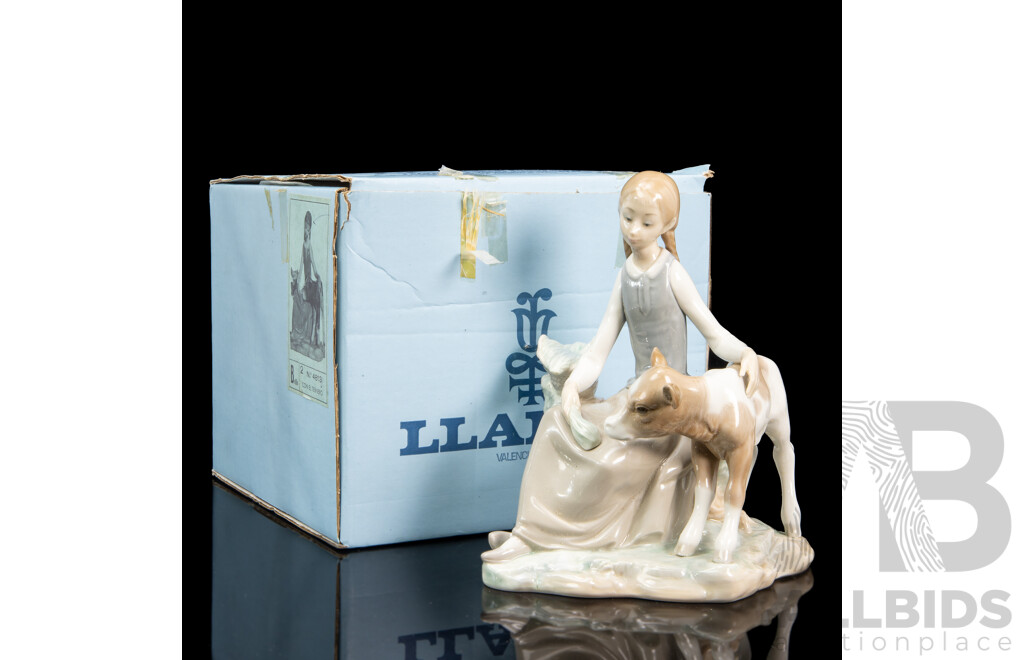 Lladro Girl with Calf Porcelain Figure