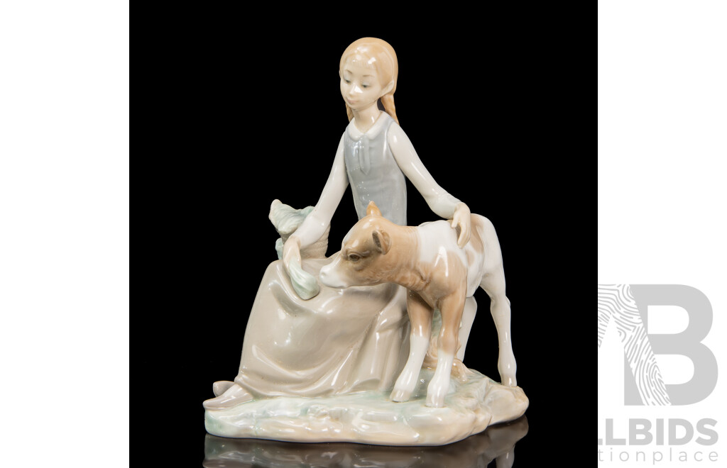 Lladro Girl with Calf Porcelain Figure