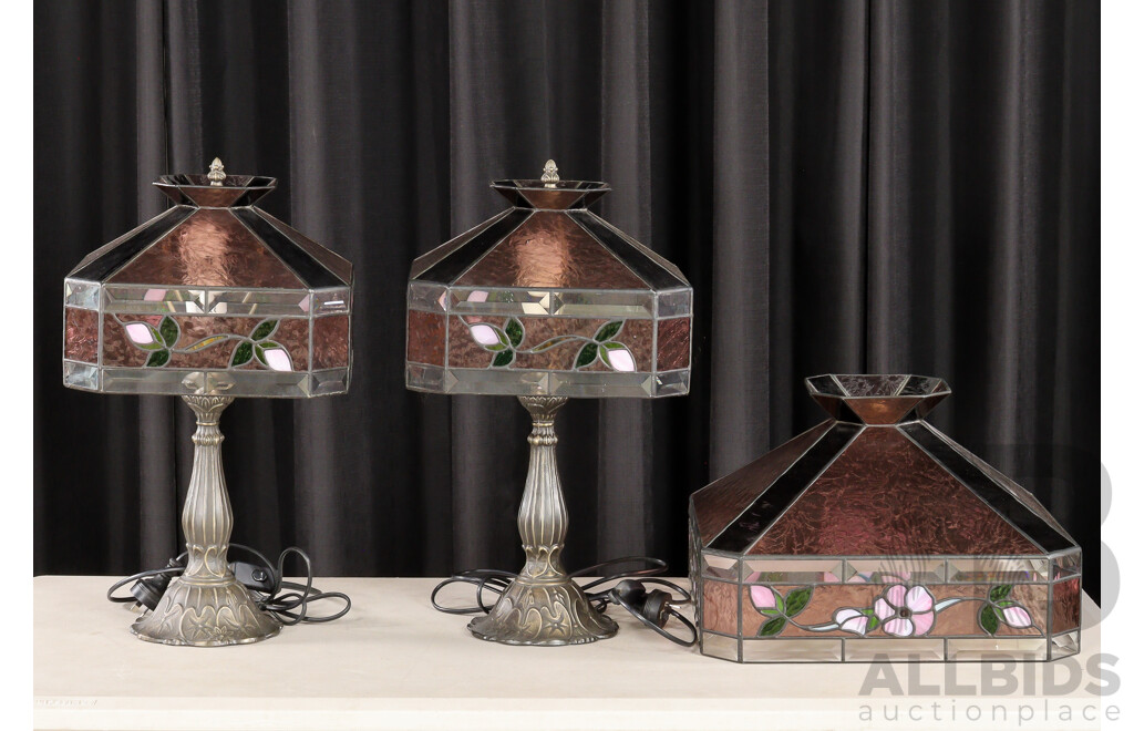 Pair of Metal Based Table Lamps with Leadlight Shades and Matching Pendant Shade