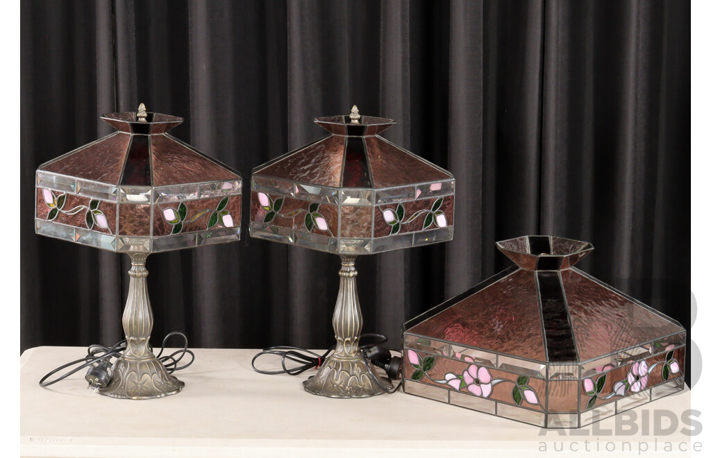 Pair of Metal Based Table Lamps with Leadlight Shades and Matching Pendant Shade