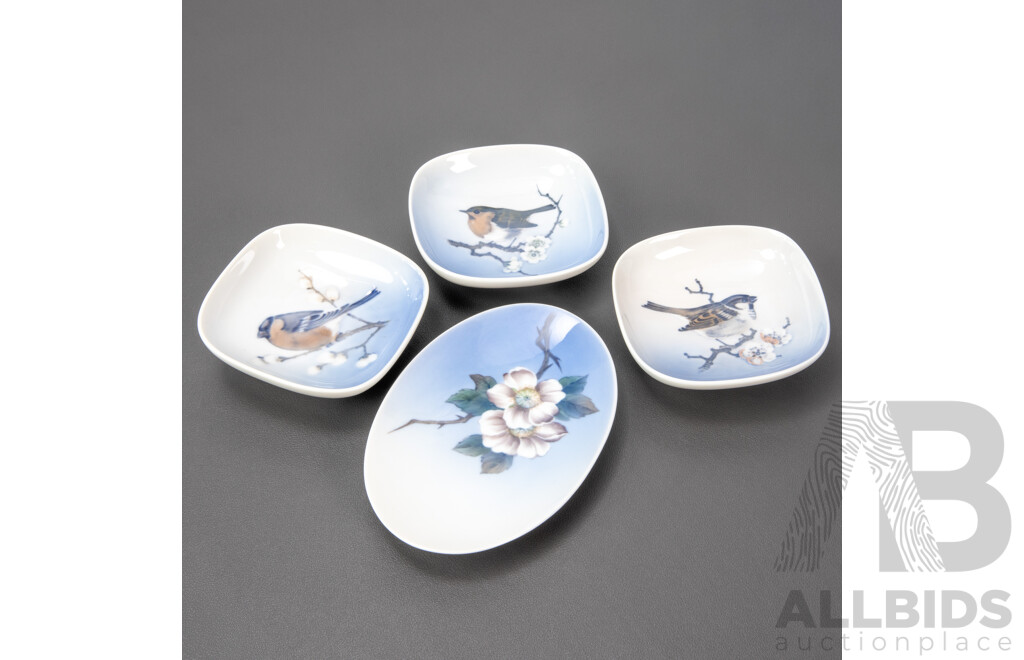 Collection of Three Danish Royal Copenhagen Bird Themed Pin Dishes and a Floral Example