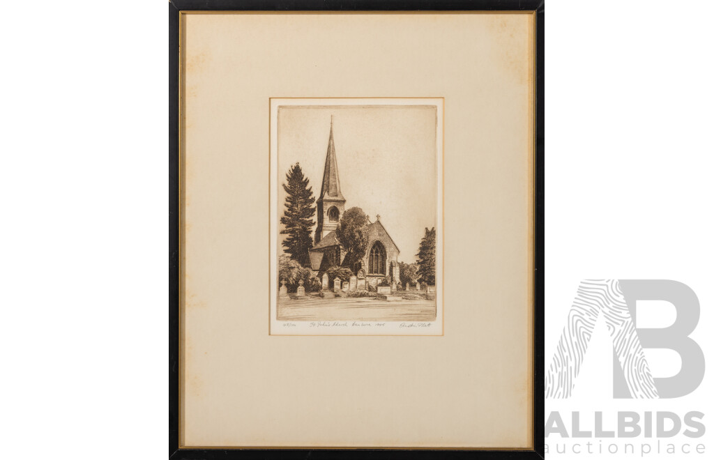 Austin Platt, (20th Century, Australian, 1912-2003), St John's Church, Canberra (1945), Wonderful Editioned and Signed Etching, 42 x 35 cm (frame)