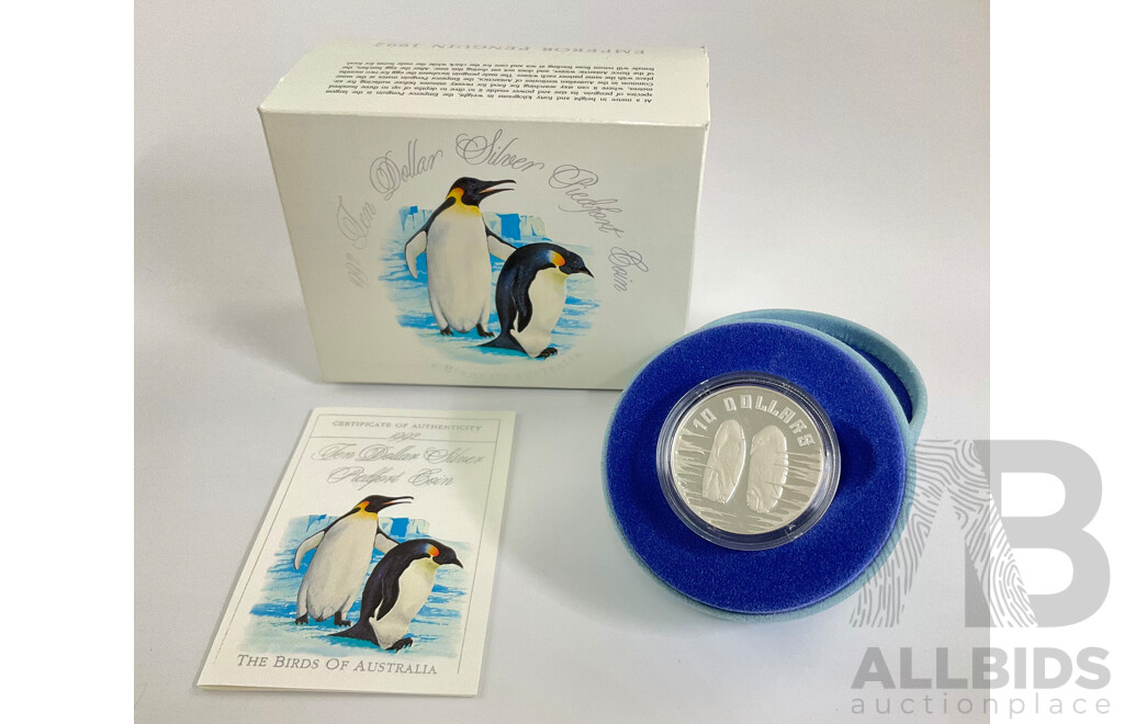 Australian RAM 1992 Silver Piedfort Ten Dollar Coin, Birds of Australia, Emperor Penguin .925